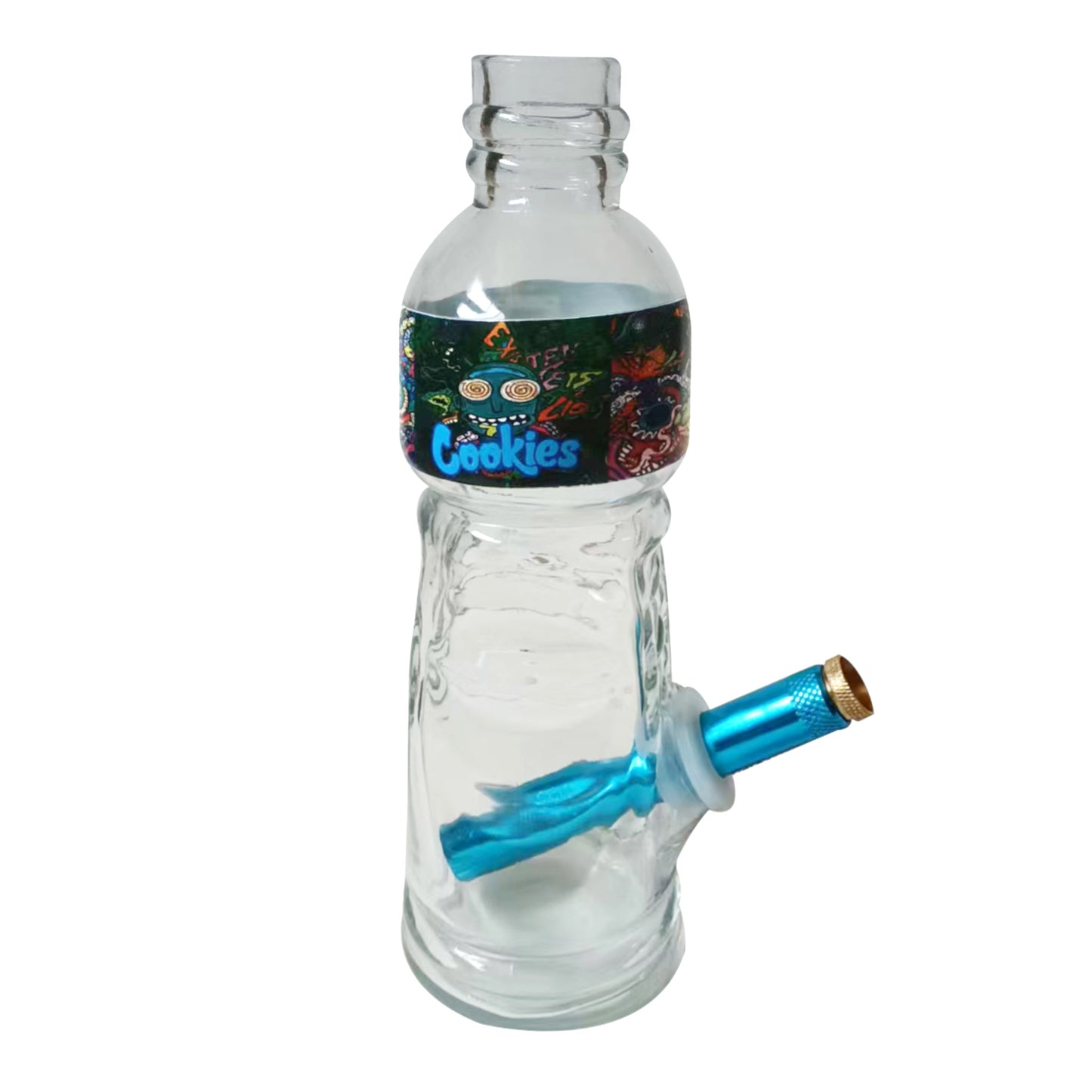 Bottle Glass Waterpipe With Rick and Morty Print Mixed Colours H23cm