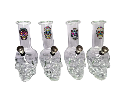 Small Clear Glass Skull Base Water Pipe With Skull Print 15cm